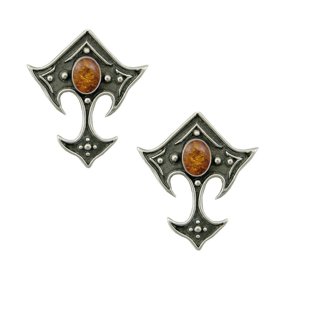 Sterling Silver Gothic Inspired Designer Drop Dangle Earrings With Amber